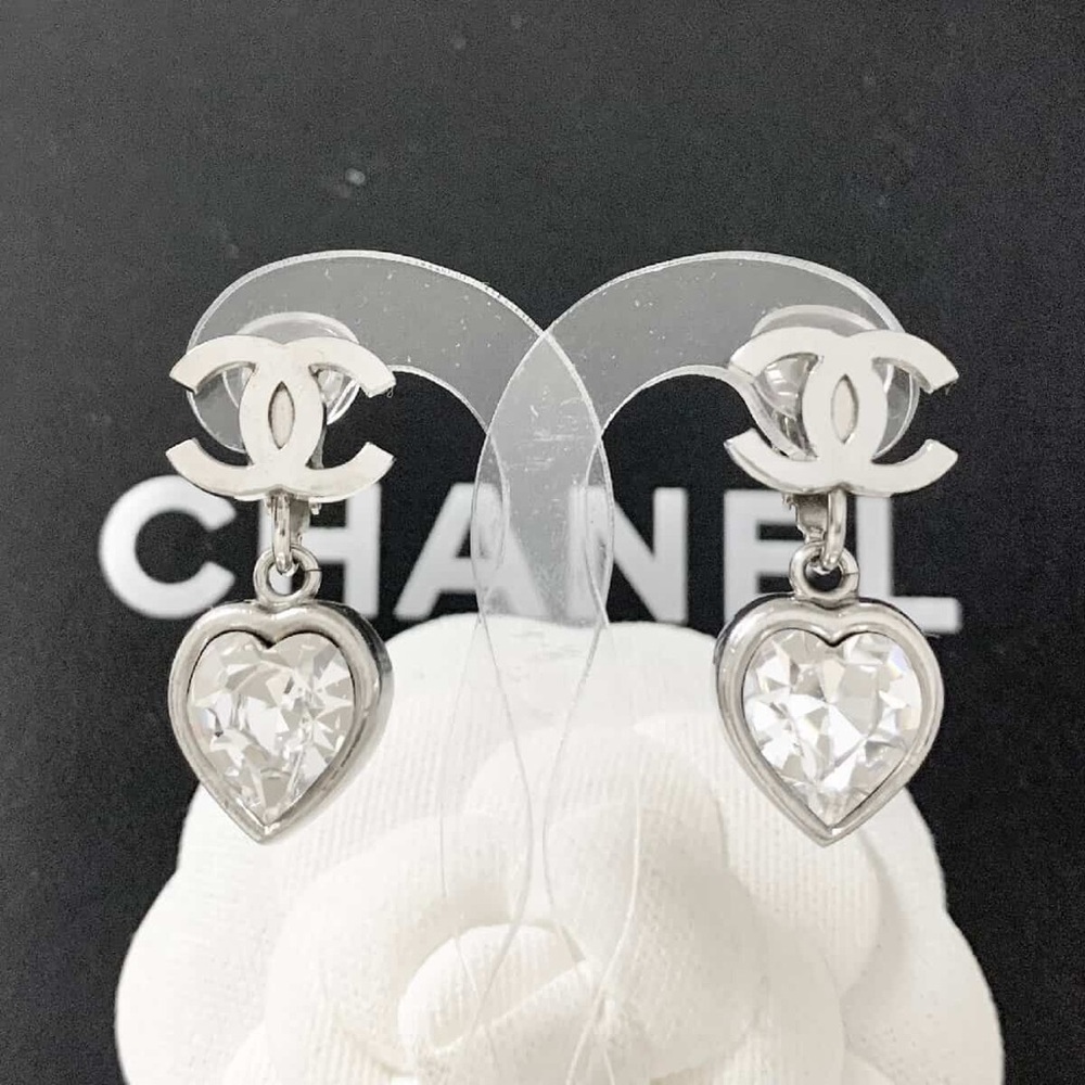 CHANEL Silver Crystal Heart Earrings